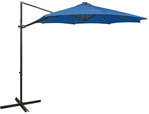 Parasol déporté, avec éclairage LED, 300 cm, bleu azur, tissu solaire résistant aux UV, mât en aluminium, rotatif à 360 °C, pour terrasse, jardin, extérieur, protection UV efficace