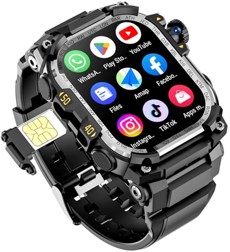 Mingtawn 4G-SIM-Karten-Android-Smartwatch mit GPS & WLAN, Militär-Outdoor-Uhr für Herren, App-Download möglich, 2,06″ AMOLED-Großbildschirm für Videochats, HD-Kamera mit 180°-Drehfunktion (Schwarz)