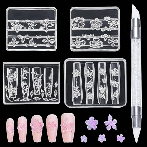 UNICRAFTALE 3 Moules En Silicone Pour Ongles 3D Fleur Pour Charm Manucure | Stylo Pointe Perceur Inclus Réutilisable Transparent Résine 3Pcs Pour Fabrication Charm Ongle