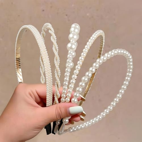Pearl Headbands for Women & Girls, Non-Slip White Pearl Hair Accessories, Fashionable Bridal Headband for Weddings & Parties