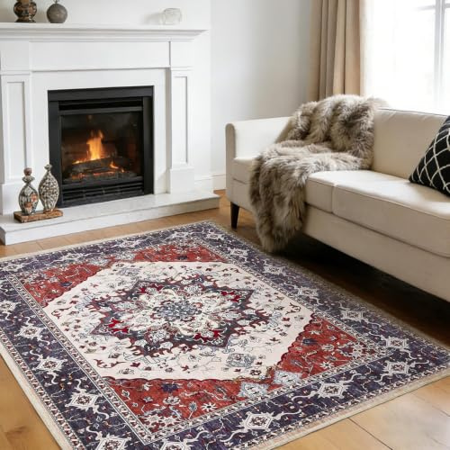 Puremy Vintage Teppich Wohnzimmer, Waschbar Weich Teppiche 160X220CM, Rot | Boho Teppich Kurzflor Rutschfest , Retro Carpet Komfortabel für Schlafzimmer, kinderzimmer, Esszimmer, Büro, Studie