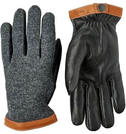 Hestra Men’s Deerskin Wool Tricot Gloves, Leather & Wool Gloves with Merino Wool Lined for Everyday Wear in Cold Weather - Charcoal/Black - 9