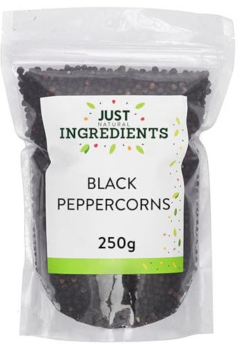 JustIngredients Black Peppercorns 250g, Organic Whole, Coarse Cracked Black Pepper for Grinder Mill, Seasoning, Spice, Fresh Pepper for Cooking