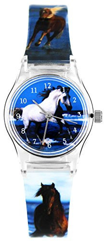 Pacific Time Mädchen Armbanduhr Uhr Pferd weiß Pferdemotiv Fotoarmband analog Quarz blau 20810