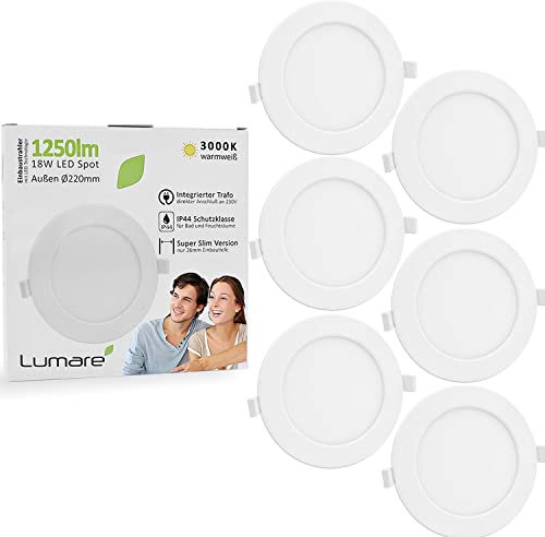 Lumare LED Einbaustrahler 18W | Extra flach, 26mm Einbautiefe | Ø200mm Bohrlochdurchmesser | Spot Wohnzimmer, Badezimmer | Einbauleuchte Weiß Rund | 230V | IP44 | Warmweiß 3000K | 6er Set