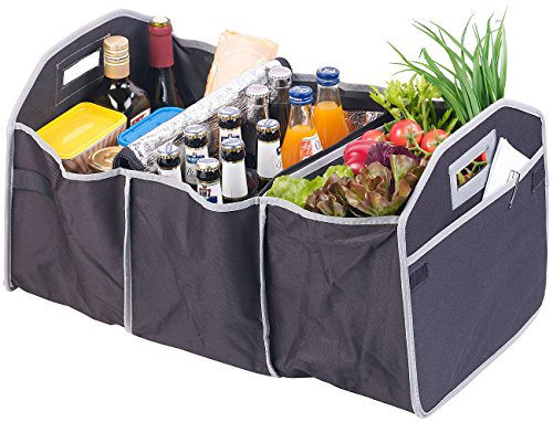 Lescars Kofferraumtasche: 2in1-Kofferraum-Organizer mit 3 Fächern und Kühltasche, faltbar (Kofferraumtasche mit Kühlfach, XXL mit Kühlfach, Einkaufstaschen)