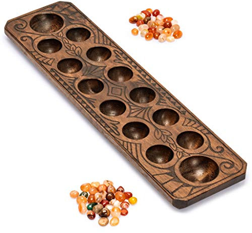 Yellow Mountain Imports Mancala Set with 44 centimeters Solid Wood Board and Quartz Pebble Playing Pieces