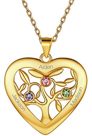 925 Sterling Silver Personalised Heart Family Tree of Life Necklace with Choice of Birthstone Setting 18K Gold Plated Custom Name 3 Three Birthstone Love Heart Tree Circle Pendant Necklace for Women