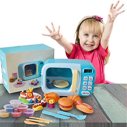 King Sport Kid Play Microwave Oven with Chicken Electric Kitchen Toys Toddler Microwave Toy, Kid Pretend Toys Includes Play Air dry Clay Cooking food