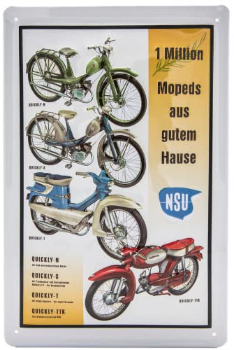 LUCKYLINDE geprägtes Blechschild passend für NSU Motorrad und Moped Fans, Deko Werkstatt, Garagen Oldtimer Schild 20 x 30 cm (Quickly Kollage)