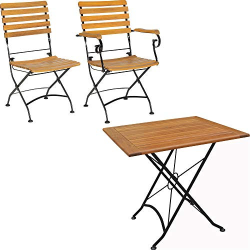 acamp Gartenmöbel Set Lindau | 3-TLG. | 1 Klappstuhl 45x58x89cm | 1 Klappsessel 56x58x89cm | 1 Klapptisch 80x80x75cm | hergestellt in der EU | Flacheisen und FSC®-zertifiziertes, geöltes Akazienholz
