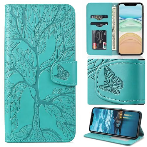 Aisenth Handyhülle für Samsung Galaxy S9 Plus Klapphülle mit Kartenfächer | Baum Muster,Standfunktion,Kartenfächer,PU Leder,2 Kartenfächer+Geldfach+Handschlaufe,Stoßfeste,Magnetische,Blau Grün
