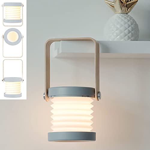 WOLONG Lámpara mesa LED Linterna plegable portátil Luz Regulable Lámpara cabecera Carga USB Luz lectura Linterna portátil con mango madera Lámpara cabecera Lámpara,Gris