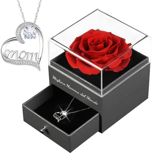 Miofula Rosa Stabilizzata Vera Regalo Mamma Compleanno, Rose Stabilizzate Regali Donna, Rosa Eterna con Collana Argento 925 Donna, Migliore Mamma del Mondo, Regalo Natale San Valentino