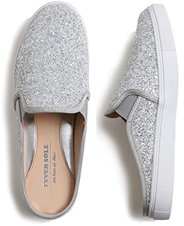 Feversole Women's Sport Mules Slip On,Mules Sandals Slippers Sabots Trainers Leisure Silber Glitter 39