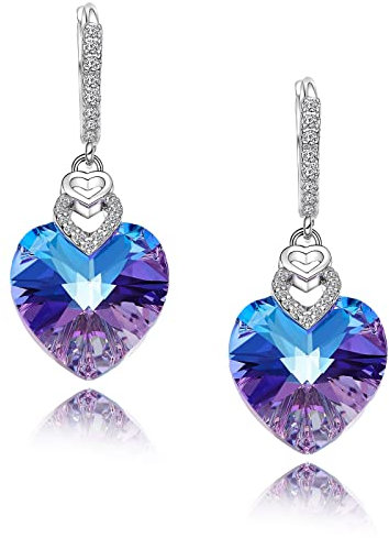S925 Orecchini a forma di cuore in argento Sterling per donne con cristalli multicolori, zirconi cubici viola ametista Dangling, gioielli raffinati per voi, Großer, Rame, cristallo