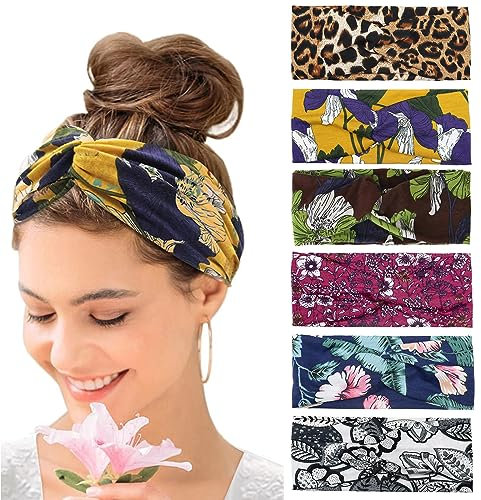 Haarbänder Damen Breite Elastische Weiche 6 Pcs Sommer Boho Stirnband Print Haarschmuck Yoga Sport Haarband Mehrfarbig Dünn Stirnbänder