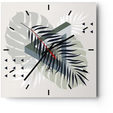 Modern Wanduhr Monstera Palme Grafik 40x40cm Quadrat Groß Wand Uhr Glas Analog Zimmeruhren Küche Büro Wohnzimmer Glasuhr Wall Clock Dekoration Design Wanddekoration Küchenuhr C3AC40x40-4519