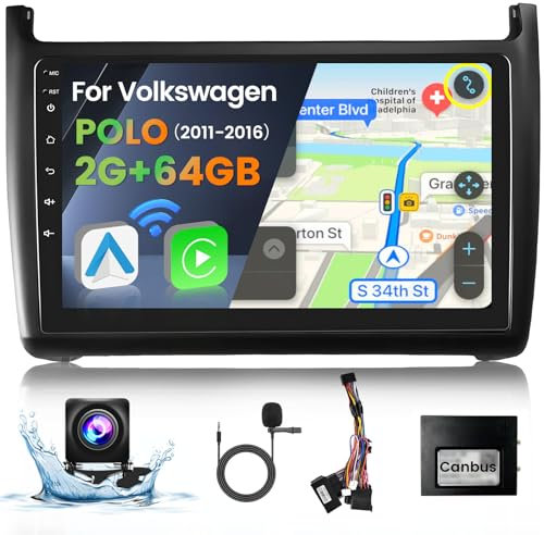 Hikity Android 15 Radio Coche para VW Polo 2011-2016 con Wireless Carplay/Android Auto GPS WiFi HiFi FM/RDS Radio[2+32G] 9'' Pantalla Táctil Autoradio Bluetooth SWC Canbus Cámara de Marcha Atrás AHD