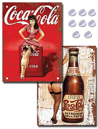 Set of 2 Vintage Coca Cola Pepsi Bar Signs - Fixings Included - Retro Bar Accessories Bundle for Home Pub or Outdoor Garden Bar Wall Plaque Man Cave Gift Metal Memorabilia Bar Sign 20cm x 15cm