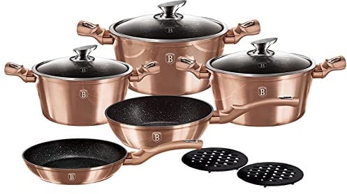 Berlinger Haus Rose Gold Batterie de Cuisine Induction 10 Pièces, Anti-adhésif en Marbre sans PFOA, Aluminium, Set de 3 Casseroles, 3 Couvercles en Verre, 2 Poêles, 2 Sous-plat, Vitrocéramique