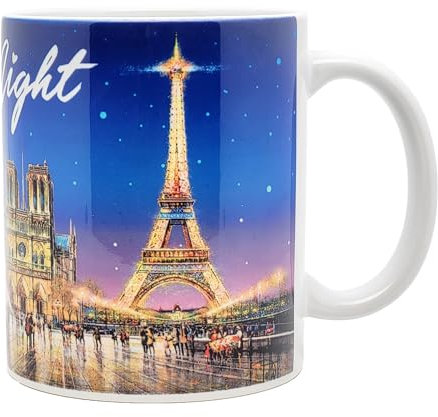 DESSAPT Arts - Paris la Nuit et ses Lumières/Paris by Night - Mug Céramique 325 ml - Tasse-Cadeau Unique avec les Magnifiques Paysages Parisiens - Imprimé en France - Blanc Brillant