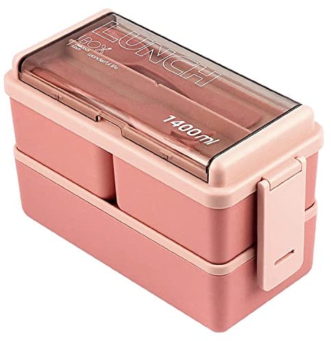 Lychico Lunch Box, 1400ml Bento Box with Spoon Fork, Stackable 2 Layer 3 Compartments Leak Proof Japanese Lunch Box, Meal Prep Container Box for Adults Kids Students Office Microwave Dishwasher Safe