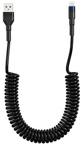 Cable Lightning en espiral con Apple Carplay [certificado Apple MFi] Cargador retráctil de iPhone con sincronización de datos y LED, cable corto de coche cargador de iPhone para iPhone/Pad/Pod