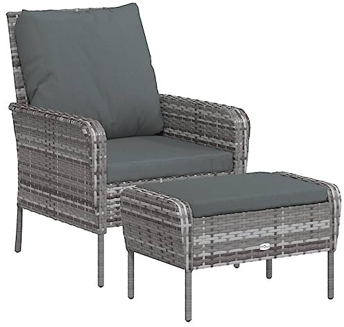 vidaXL Gartenstuhl, Gartensessel mit Fußhocker Kissen, Stuhl mit Armlehnen Rückenlehne, Gartenmöbel Sessel Stahlrahmen, Grau Poly Rattan