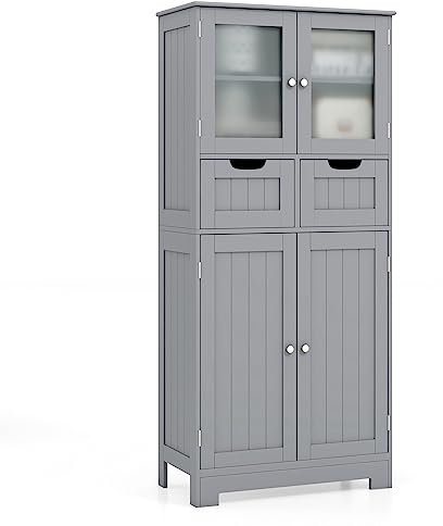 LIFEZEAL Armario Suelo de Baño, Mueble de Baño con Estantes Ajustable, Mueble de Almacenaje con Cajones y Doble Puerta, Mueble Lateral Multifuncional para Cocina (Gris)