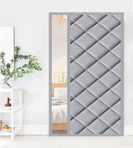 Cozomiz Isolant Thermique Isolation Porte Avec Magnétique Rideau De Porte Isolant Coton Rideau d'occultation Coupe-vent Imperméable Isolation Phonique 80x210cm Gris avec Fenêtre Style 1
