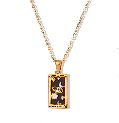 JT2D Colorful Tarot Cards Symbolic Necklaces, Sun and Moon Pendant,18k Gold Plated Stainless Steel Square Colorful Enamel Tarot Cards Pendant Necklace Jewelry for Women Men (The World)