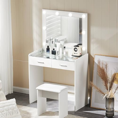 LEMROE Tocador Blanco con Espejo Hollywood, 2 Cajones y Taburete, Cristal Templado Transparente, Maquillaje, Iluminación LED con Brillo Ajustable (DR-0454)