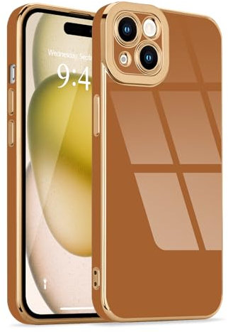 Lafunda for iPhone 15 Plus Case, Luxury Plating for Womens Gilrs Case, Full Camera Protection Soft TPU Bumper Cover, Shockproof Silicone Slim Phone Case for iPhone 15 Plus 6.7, Brown