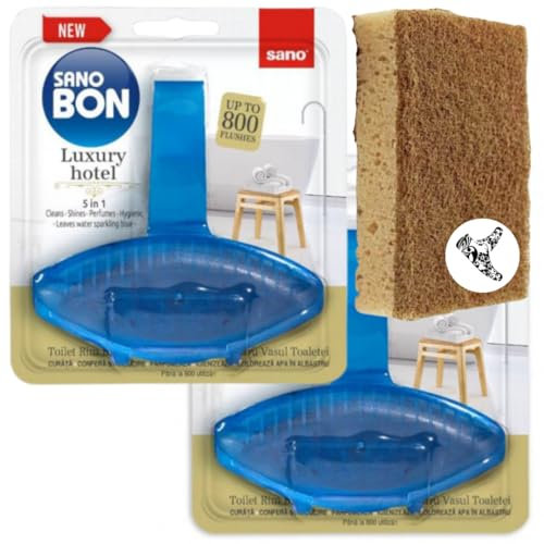 SANOBon Blue Luxury Hotel | 5 in1 Toilet Rim Block | Cleans - Shines - Perfumes - Hygienic - Leaves Water Sparkling Blue | Up to 800 Flushes | 55g + Multipurpose Fiber Cleaning Sponge (Pack of 2)