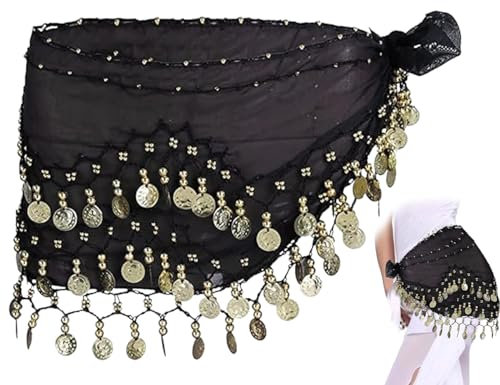 Lhbwhiz Damen Bauchtanz Hüfttücher,Gürtel Chiffon Münztuch,Münzgürtel Dangling Tanztuch,Taille Kostüm,Wellenform Röcke Wrap,Belly Dance Outfit,Für Latin Ball Show(Schwarz)