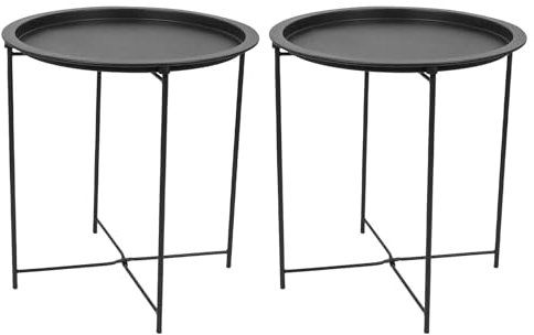 Harbour Housewares Round Tray Tables with Removable Trays - Pack of 2 - Matte Black Steel Bed Side Table Raised Lip Serving Board Compact Collapsible Folding Table for Bedroom, Home and Office