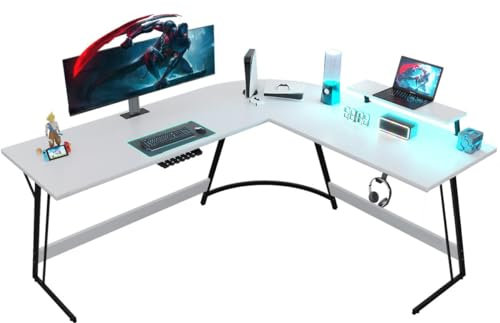 JUMMICO Gaming Tisch 130cm mit LED und Monitorständer,Eckschreibtisch mit Tasche Stauraum,Groß L-förmiger Schreibtisch Pc Ecktisch mit Kabelmanagement,Tassenhalter und Kopfhörerhaken,Weiß
