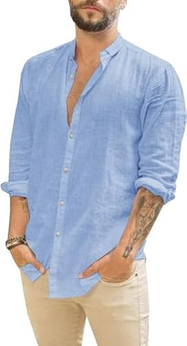 Runcati Camisa de lino para hombre, manga larga, para verano, playa, informal, corte regular, para el tiempo libre