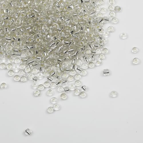 Tibaoffy Transparent Silver Lined Beads Size 6/0 Crafts Glass Seed Beads 4mm for Jewelry Making (Total About 100g About 1200pcs)
