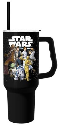 Silver Buffalo Star Wars Stainless Steel Tumbler with Handle and Straw - Chewbacca Yoda R2-D2 C-3PO Princess Leia Han Solo Luke Skywalker Fits in Standard Cup Holders 40oz
