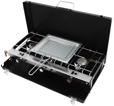 Fornello a gas portatile Ciounmb, 3 fiamme, nero, piano cottura, propano o butano, per campeggio, barbecue, feste, picnic o escursioni all'aperto