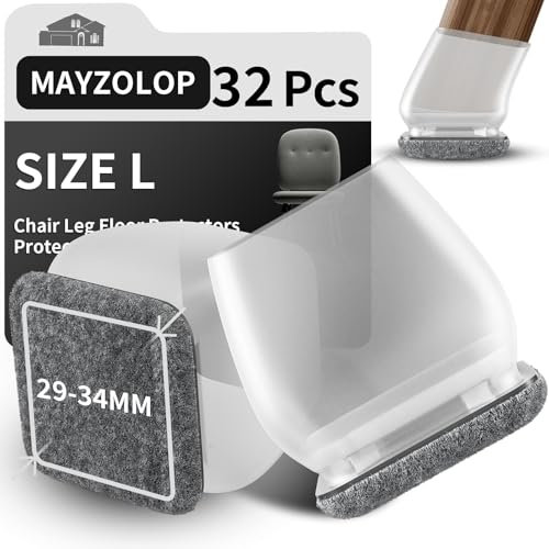 MAYZOLOP 32PCS Silicone Chair Leg Floor Protectors, 1.25inch Transparent Chair Leg Caps for Tilt Chair Legs, Hardwood Floor Protectors for Furniture Legs with Grey Felt Pads, No Scratches No Noise