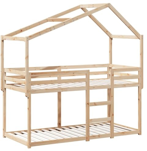 vidaXL Etagenbett, Hochbett mit Dach Leitplanken, Stockbett für Schlafzimmer, Bett Holzbett Einzelbett, 90x200cm Massivholz Kiefer
