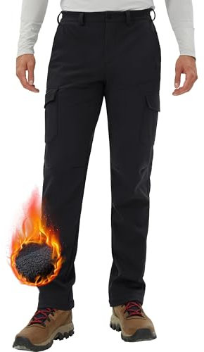 Pioneer Camp Pantalon de randonnée imperméable pour homme - Pantalon cargo thermique - Doublure polaire respirante - Coupe-vent - Avec 5 poches utilitaires, Noir , L