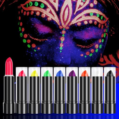 Aomig UV Peinture Fluorescente Rouge à Lèvres Crayons Peinture Fluorescents UV Body Painting Maquillage Visage Peinture 8 Corporelle Non Toxiques Bâton de Peinture au Néon UV pour Carnaval Halloween