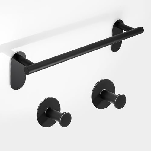 SAYAYO 3 Pièces Ensemble de Salle de Bain Adhésif, 40CM Porte Serviette Noir & 2 Patere Murale, Porte Serviette Salle de Bain et Crochet Mural, SUS304 Acier Inoxydable, EGKN2401-3M-SET-3-B