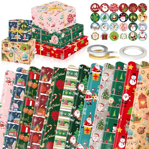 Shinybox Geschenkpapier Weihnachten, 12 Stücke Weihnachtsgeschenkpapier und 24 Stück Weihnachtsaufkleber mit Geschenkbänder, Kinder Weihnachtspapier zum Basteln für Weihnachts Geschenkverpackung(B)