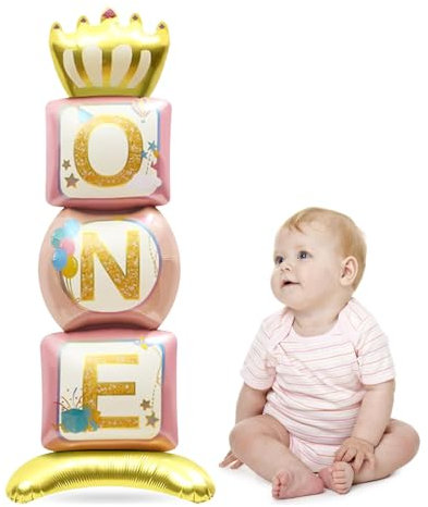 DazzJoy One Folienballon Stehend Rosa Mit Krone - XXL Ballon für 1. Geburtstag Mädchen - Luftballons für Kindergeburtstag Deko - 1 Jahr Geschenk