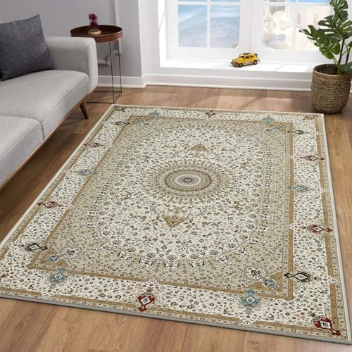 MOONLIGHT20015 Washable Rugs Living Room 60x110 cm - Fluffy Vintage Area Rugs for Bedroom - Non Slip Low Pile Soft Boho Rug Carpets for Lounge - Traditional Large Bedside Rug, Willow Beige